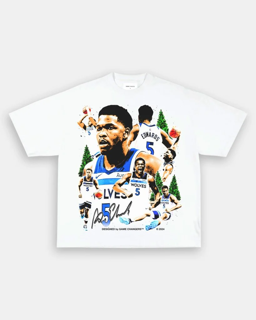 White Anthony Edwards heavyweight graphic t-shirt by VOTY black basketball streetwear tee front view