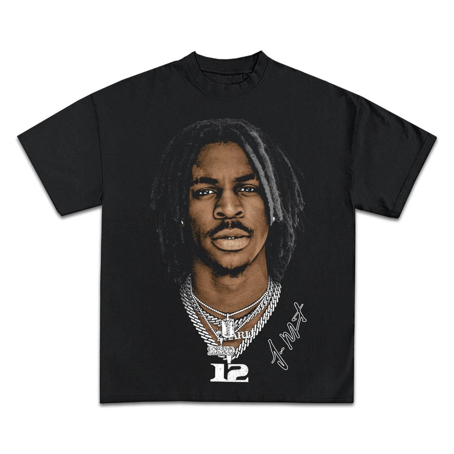 A black crew neck t-shirt featuring a printed image of Ja Morant with the number 12 on the chain.