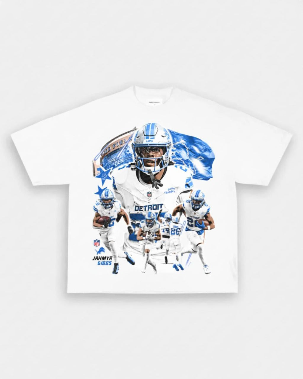 White Jahmyr Gibbs Detroit Lions graphic t shirt – NFL running back streetwear football tee VOTY