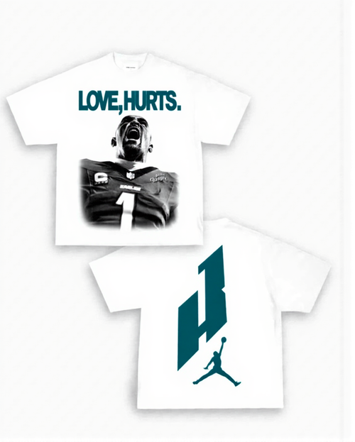 White Jalen Hurts Love Hurts graphic t shirt – Philadelphia Eagles streetwear NFL tee VOTY