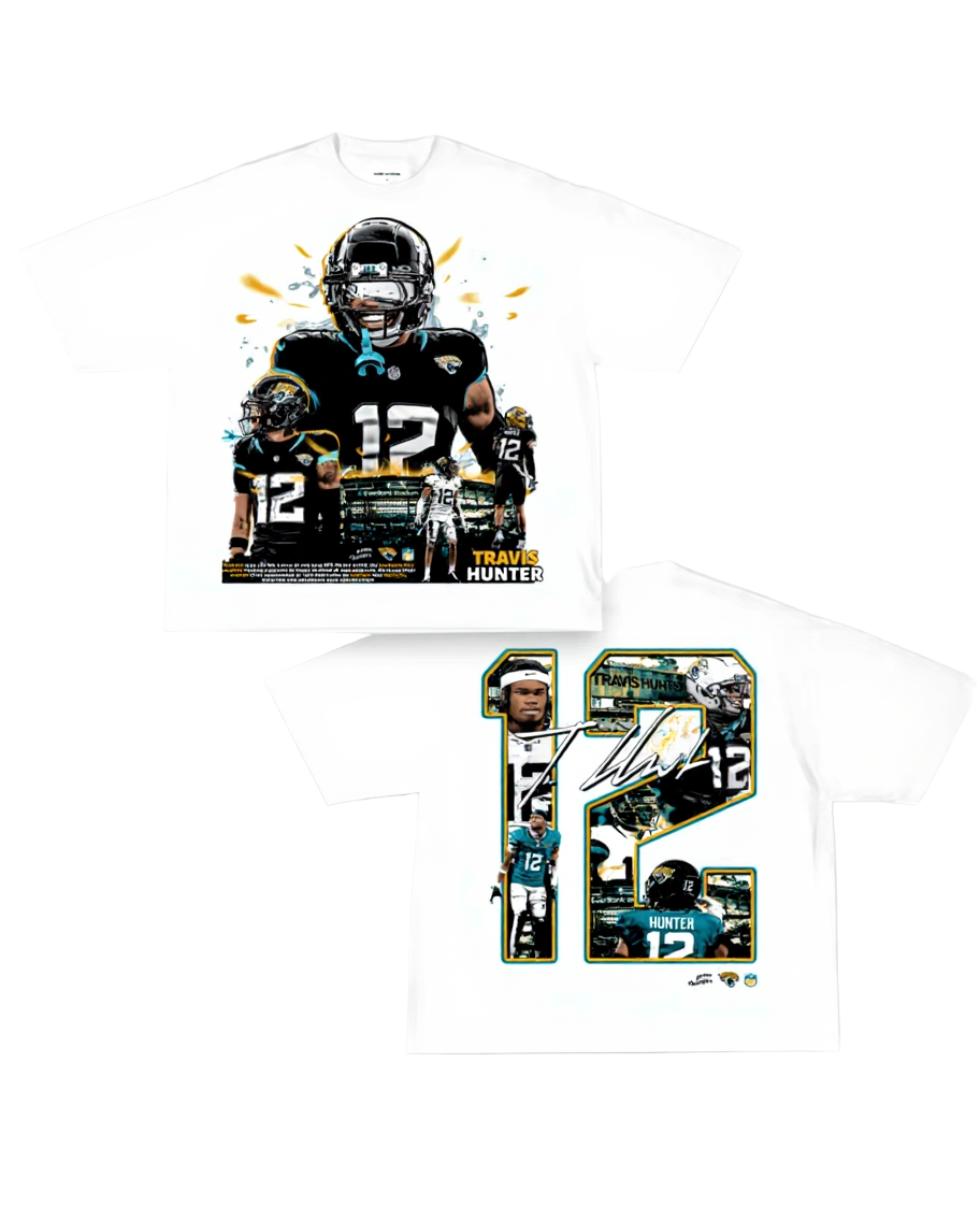 White Travis Hunter Jacksonville Jaguars graphic t shirt – rookie cornerback wide receiver Jags artwork VOTY