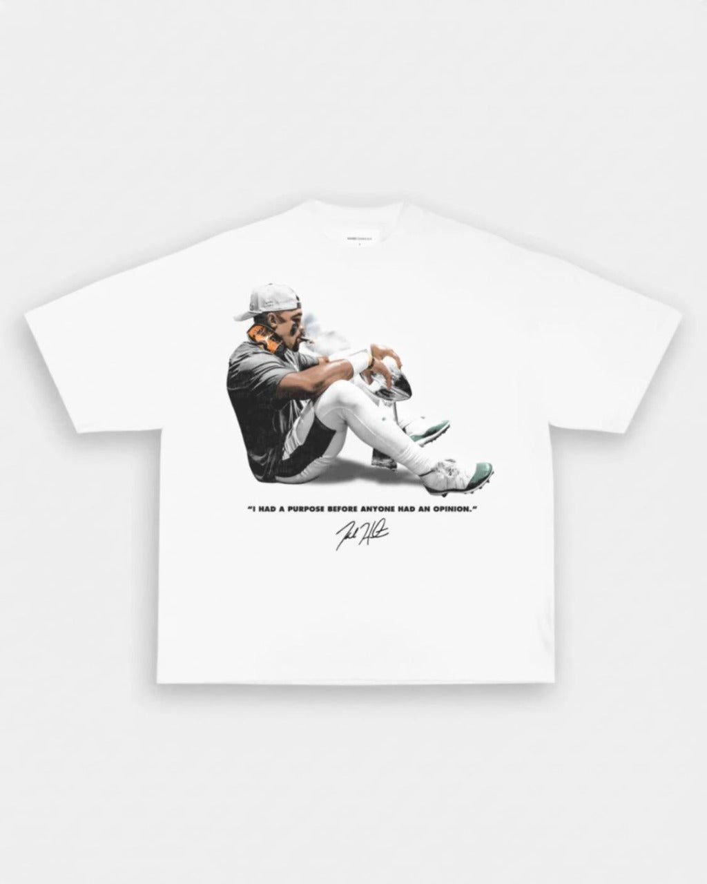 white Jalen Hurts heavyweight graphic t-shirt by VOTY football streetwear tee front view